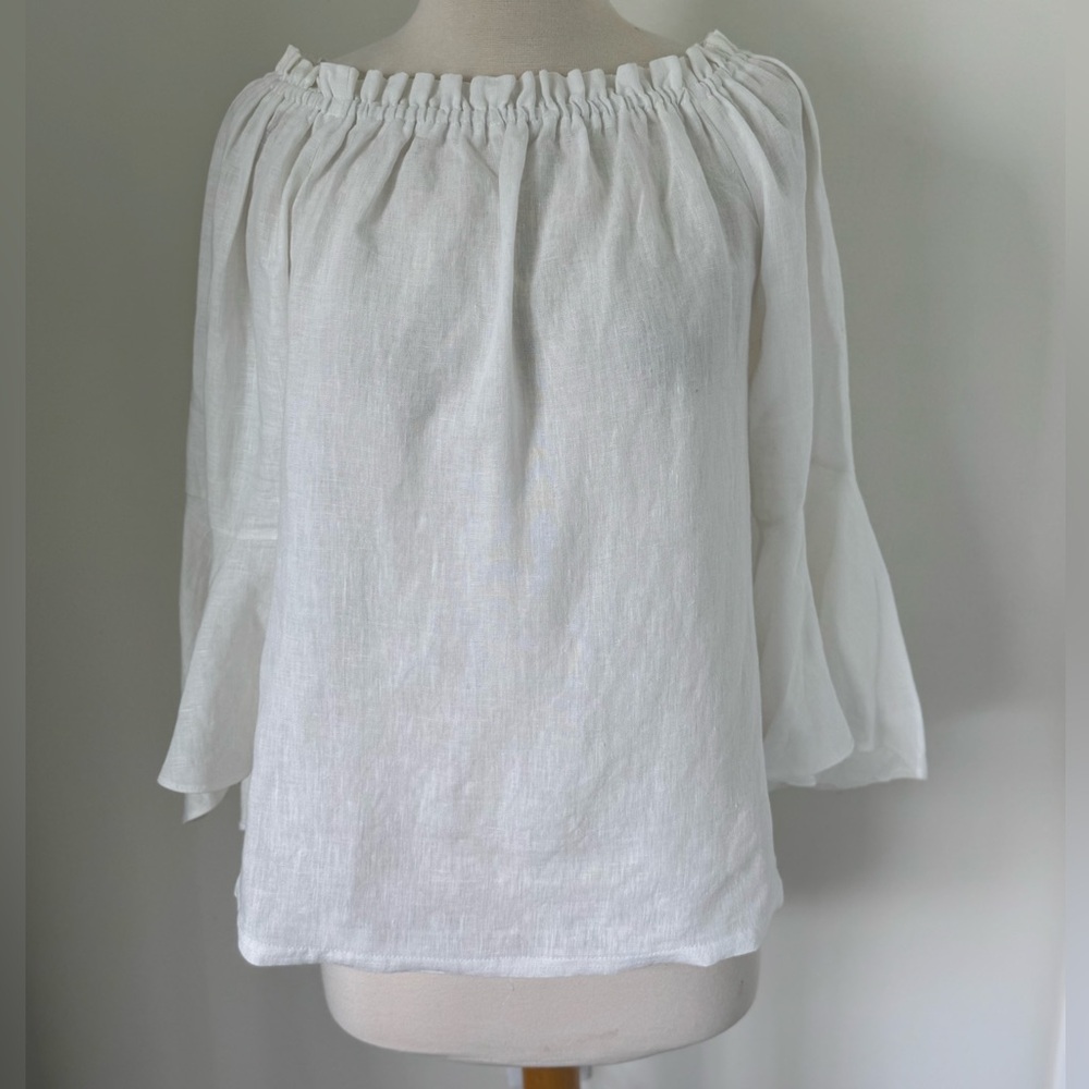 i Linen Lifestyle Off the Shoulder Bell Sleeve Linen Pull Over Tunic Blouse XS